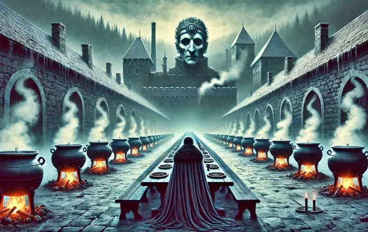 Karanlık bir Ortaçağ avlusunda sıralı dev kazanların kaynadığı, ortada pelerinli bir figürün oturduğu ve arka planda Vlad Tepeş’i andıran ürkütücü taş bir maskenin bulunduğu fantastik bir sahne.